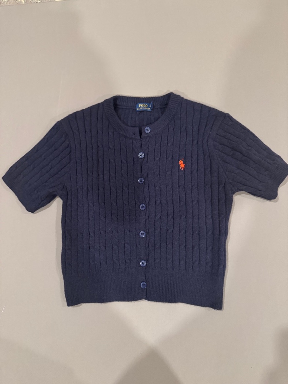 Polo by Ralph Lauren Navy Cable-Knit Short Sleeve Cardigan with Orange Pony